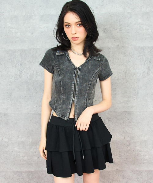 ANAP(アナップ)の「ウォッシュ加工 Wジップリブ襟付きトップス(Tシャツ/カットソー・レディース・イエロー/ブラック系その他/ブラウン/ピンク・FREE)」の2枚目の写真