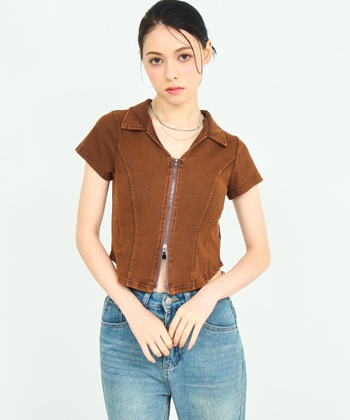 ANAP(アナップ)の「ウォッシュ加工 Wジップリブ襟付きトップス(Tシャツ/カットソー・レディース・イエロー/ブラック系その他/ブラウン/ピンク・FREE)」の1枚目の写真
