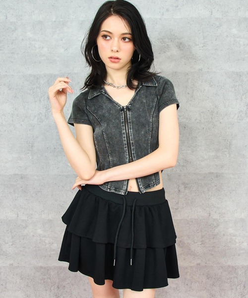 ANAP(アナップ)の「ウォッシュ加工 Wジップリブ襟付きトップス(Tシャツ/カットソー・レディース・イエロー/ブラック系その他/ブラウン/ピンク・FREE)」の5枚目の写真