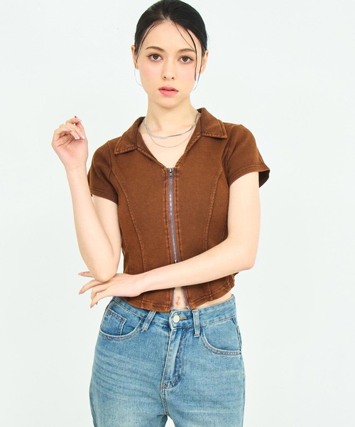 ANAP(アナップ)の「ウォッシュ加工 Wジップリブ襟付きトップス(Tシャツ/カットソー・レディース・イエロー/ブラック系その他/ブラウン/ピンク・FREE)」の10枚目の写真
