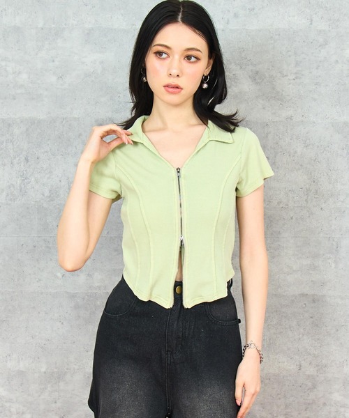 ANAP(アナップ)の「ウォッシュ加工 Wジップリブ襟付きトップス(Tシャツ/カットソー・レディース・イエロー/ブラック系その他/ブラウン/ピンク・FREE)」の13枚目の写真