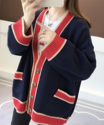 配色ライン ニットカーディガン トラッドカーディガン パフショルダー