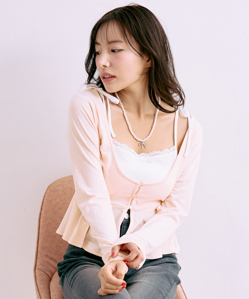 Mi-je（ミジェ）の「ペプラムレイヤードキャミSET【韓国ファッション】（アンサンブル・レディース・ピンク/グレー・F）」の3枚目の写真