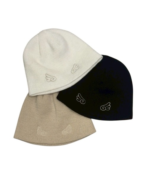 Never mind the XU / Chikashitsu+(ネバーマインド ザ エックスユー / チカシツプラス)の「【nmtc+】feather beanie / 【エヌエムティーシープラス】羽ビーニー(ニットキャップ/ビーニー・メンズ・アイボリー/ベージュ/ブラック・ONE SIZE)」の2枚目の写真
