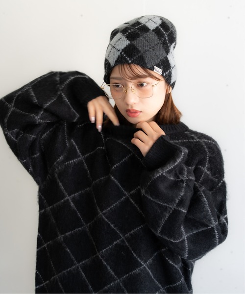 bashful base Oriental（バッシュフルベースオリエンタル）の「【bbO】シャギーモヘアタッチニットプルオーバー アーガイル柄/ダイヤ柄/チェック柄（ニット/セーター・メンズ・ネイビー系/オレンジ系/ブラック×グレー/ブラック系・MEDIUM/LARGE）」の3枚目の写真