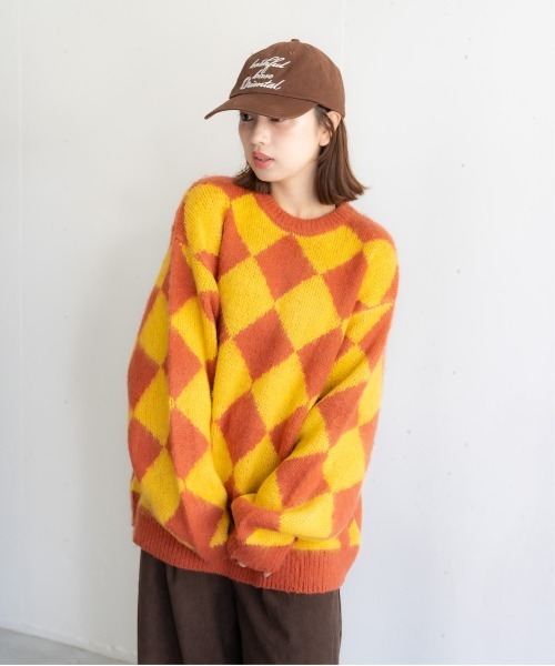 bashful base Oriental（バッシュフルベースオリエンタル）の「【bbO】シャギーモヘアタッチニットプルオーバー アーガイル柄/ダイヤ柄/チェック柄（ニット/セーター・メンズ・ネイビー系/オレンジ系/ブラック×グレー/ブラック系・MEDIUM/LARGE）」の10枚目の写真