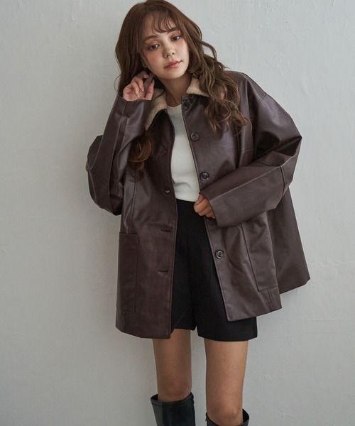 notch.（ノッチ）の「襟ボア合皮ジャケット（ブルゾン・レディース・ブラウン/ブラック/カーキ・M）」の2枚目の写真