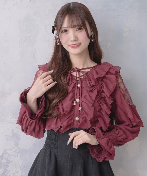 couture BY ROJITA（クチュールバイロジータ）の「クロスネックフリルブラウス（シャツ/ブラウス・レディース・ボルドー/ホワイト系その他/ブラック/ホワイト・FREE）」の4枚目の写真