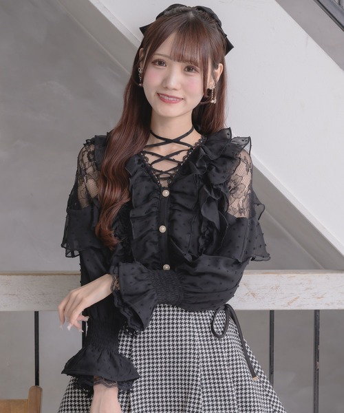 couture BY ROJITA（クチュールバイロジータ）の「クロスネックフリルブラウス（シャツ/ブラウス・レディース・ボルドー/ホワイト系その他/ブラック/ホワイト・FREE）」の12枚目の写真