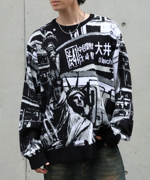 HUF(ハフ)の「【HUF/ハフ】WORLDWIDE COMMUTER SWEAT/アートワークデザイン ジャガードニット セーター(ニット/セーター・メンズ・ブラック・XL/L/M/S)」の13枚目の写真