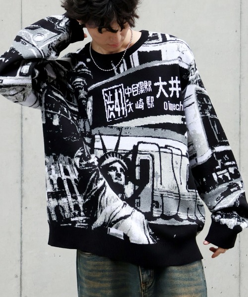 HUF(ハフ)の「【HUF/ハフ】WORLDWIDE COMMUTER SWEAT/アートワークデザイン ジャガードニット セーター(ニット/セーター・メンズ・ブラック・XL/L/M/S)」の12枚目の写真