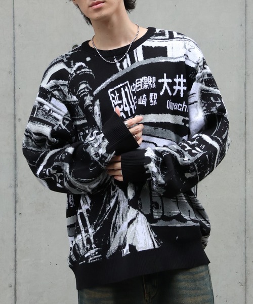 HUF(ハフ)の「【HUF/ハフ】WORLDWIDE COMMUTER SWEAT/アートワークデザイン ジャガードニット セーター(ニット/セーター・メンズ・ブラック・XL/L/M/S)」の14枚目の写真