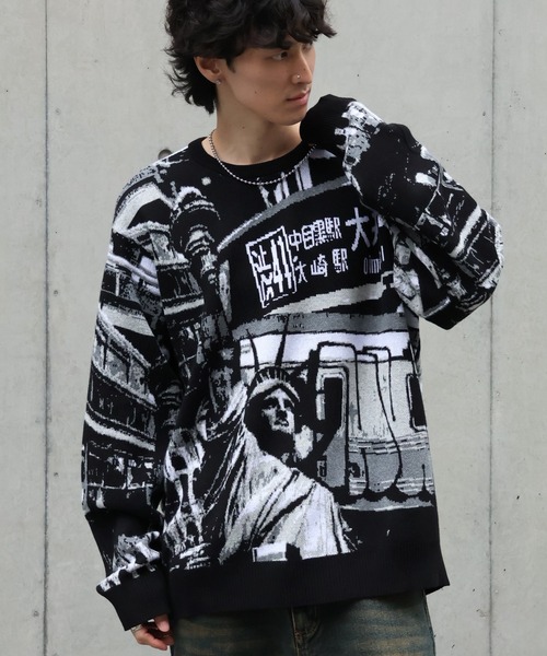 HUF(ハフ)の「【HUF/ハフ】WORLDWIDE COMMUTER SWEAT/アートワークデザイン ジャガードニット セーター(ニット/セーター・メンズ・ブラック・XL/L/M/S)」の11枚目の写真