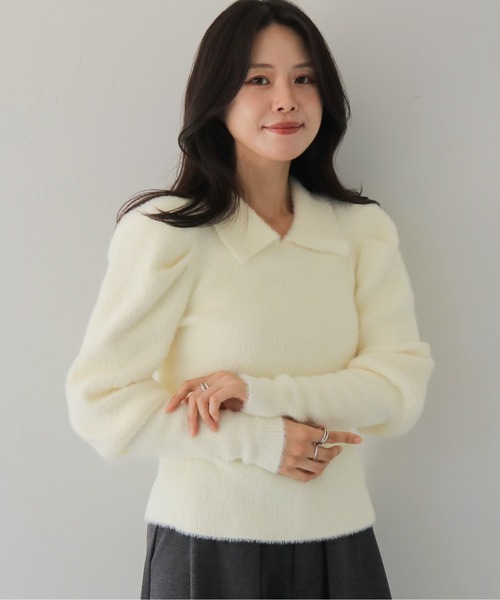 HER CLOSET(ハークローゼット)の「【HER CLOSET】襟付きシャギーニット COLLARED SHAGGY KNIT(ニット/セーター・レディース・アイボリー/ブラック系その他/ネイビー・M)」の2枚目の写真