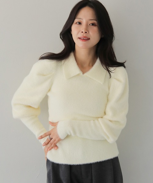 HER CLOSET(ハークローゼット)の「【HER CLOSET】襟付きシャギーニット COLLARED SHAGGY KNIT(ニット/セーター・レディース・アイボリー/ブラック系その他/ネイビー・M)」の6枚目の写真