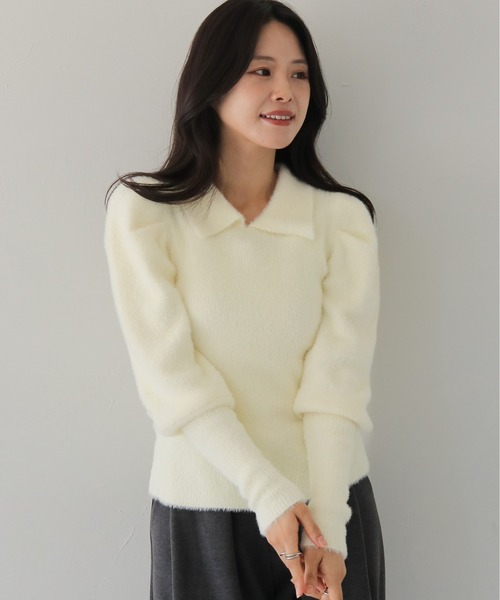 HER CLOSET(ハークローゼット)の「【HER CLOSET】襟付きシャギーニット COLLARED SHAGGY KNIT(ニット/セーター・レディース・アイボリー/ブラック系その他/ネイビー・M)」の7枚目の写真