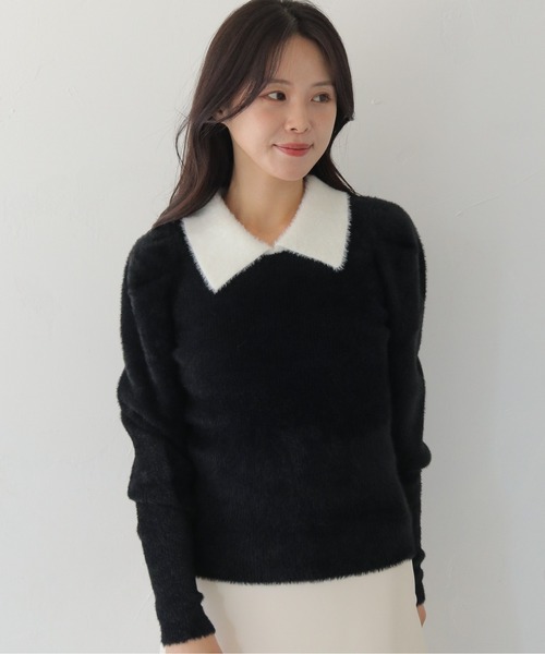 HER CLOSET(ハークローゼット)の「【HER CLOSET】襟付きシャギーニット COLLARED SHAGGY KNIT(ニット/セーター・レディース・アイボリー/ブラック系その他/ネイビー・M)」の14枚目の写真