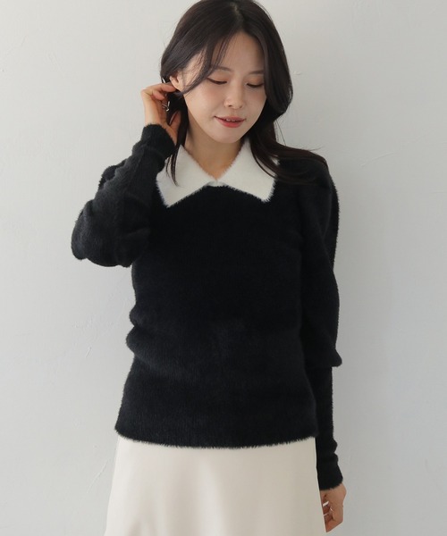HER CLOSET(ハークローゼット)の「【HER CLOSET】襟付きシャギーニット COLLARED SHAGGY KNIT(ニット/セーター・レディース・アイボリー/ブラック系その他/ネイビー・M)」の15枚目の写真