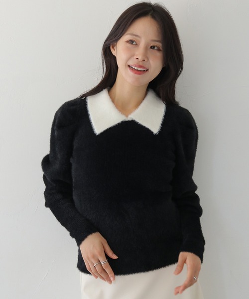 HER CLOSET(ハークローゼット)の「【HER CLOSET】襟付きシャギーニット COLLARED SHAGGY KNIT(ニット/セーター・レディース・アイボリー/ブラック系その他/ネイビー・M)」の17枚目の写真