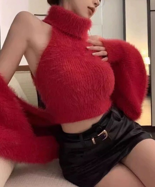 meJane（ミージェーン）の「フェザーニット クロップド丈アンサンブル（アンサンブル・レディース・ホワイト/レッド/ブラック/グレー・FREE）」の4枚目の写真