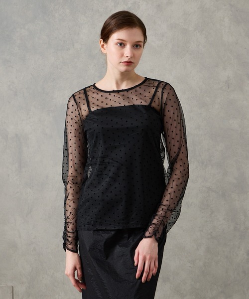 AIMER(エメ)の「フロッキードットギャザースリーブチュールブラウス(シャツ/ブラウス・レディース・ブラック/ベージュ・MEDIUM)」の3枚目の写真