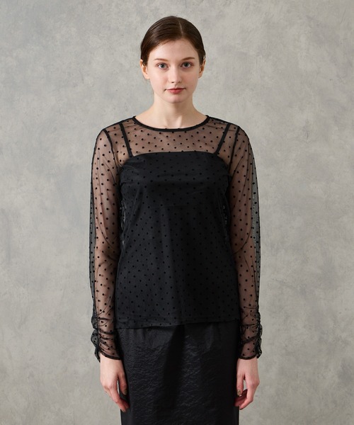 AIMER(エメ)の「フロッキードットギャザースリーブチュールブラウス(シャツ/ブラウス・レディース・ブラック/ベージュ・MEDIUM)」の8枚目の写真