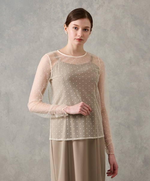 AIMER(エメ)の「フロッキードットギャザースリーブチュールブラウス(シャツ/ブラウス・レディース・ブラック/ベージュ・MEDIUM)」の4枚目の写真