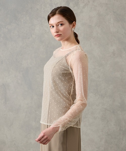 AIMER(エメ)の「フロッキードットギャザースリーブチュールブラウス(シャツ/ブラウス・レディース・ブラック/ベージュ・MEDIUM)」の5枚目の写真