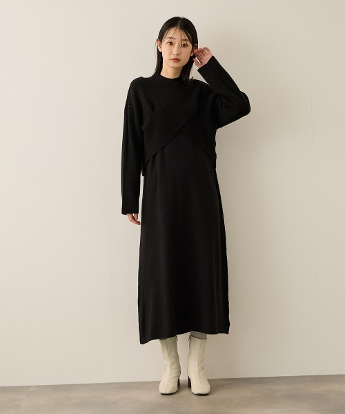 ketty(ケティ)の「カシュクールニットアンサンブルワンピース≪手洗い可能≫(ワンピース・レディース・ブラック/ベージュ・M)」の1枚目の写真