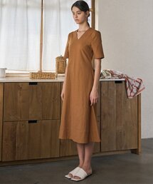 SUMMER LINEN V-NECK DRESS_CAMEL