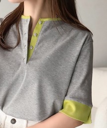 classicalelf（クラシカルエルフ）の「大人の色魅せ、軽やかに映える。ヘンリーネック袖配色切り替え半袖トップス（Tシャツ/カットソー）」