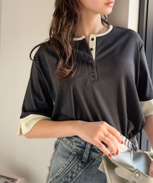 classicalelf（クラシカルエルフ）の「大人の色魅せ、軽やかに映える。ヘンリーネック袖配色切り替え半袖トップス（Tシャツ/カットソー）」