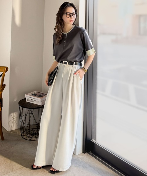 classicalelf（クラシカルエルフ）の「大人の色魅せ、軽やかに映える。晩夏から秋まで使えるヘンリーネック袖配色切り替え半袖トップス（Tシャツ/カットソー・レディース・グレー/ブラウン/アイボリー/チャコール/ブルー・X-LARGE/SMALL/MEDIUM/LARGE）」の21枚目の写真