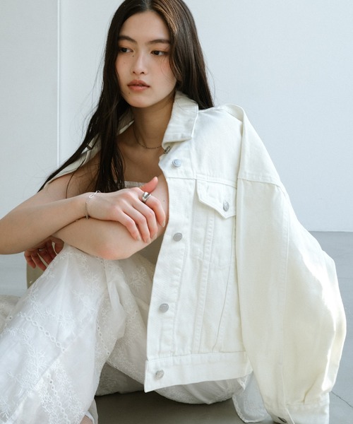 andme（アンドミー）の「ショート丈ジャケット【デニム/ツイル】（デニムジャケット・レディース・ブルー/オフホワイト・L/M）」の2枚目の写真
