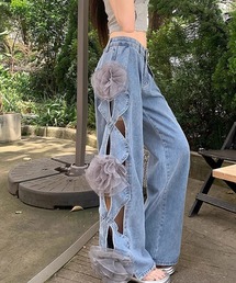 オーガンジーフラワーアクセント カットアウトデニムパンツ