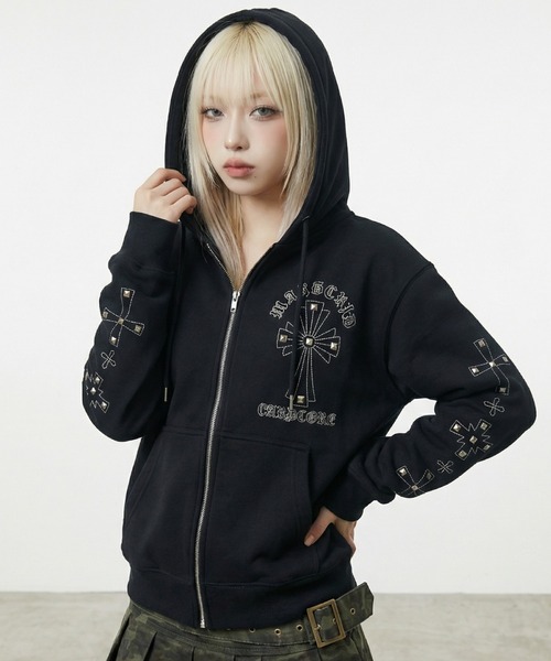 MAHAGRID（マハグリッド）の「mahagrid 『mahagrid/マハグリッド』 Cross Studs Zip-Up Hoodie/クロススタッズジップアップパーカー（パーカー・レディース・グレー/ブラック・S/L）」の5枚目の写真