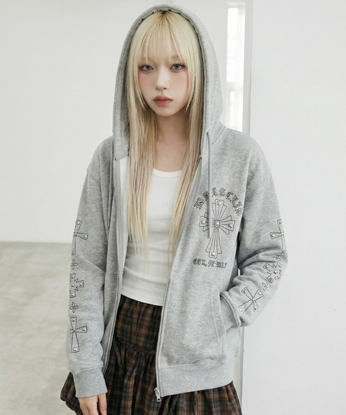 MAHAGRID（マハグリッド）の「mahagrid 『mahagrid/マハグリッド』 Cross Studs Zip-Up Hoodie/クロススタッズジップアップパーカー（パーカー・レディース・グレー/ブラック・S/L）」の6枚目の写真
