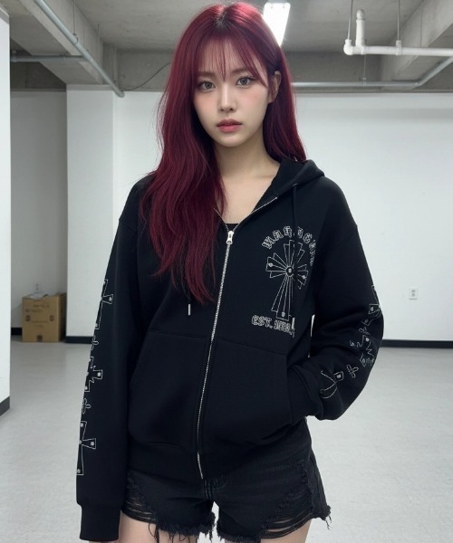 MAHAGRID（マハグリッド）の「mahagrid 『mahagrid/マハグリッド』 Cross Studs Zip-Up Hoodie/クロススタッズジップアップパーカー（パーカー・レディース・グレー/ブラック・S/L）」の4枚目の写真