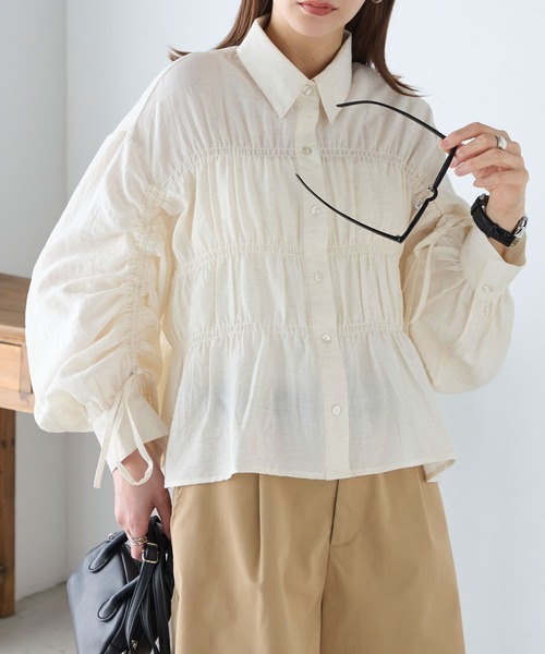 BONLECILL(ボンルシール)の「リネンブレンドシアーシャーリングリボンブラウス(シャツ/ブラウス・レディース・アイボリー/ベージュ/ピンク/チャコールグレー/ブルー・FREE)」の1枚目の写真