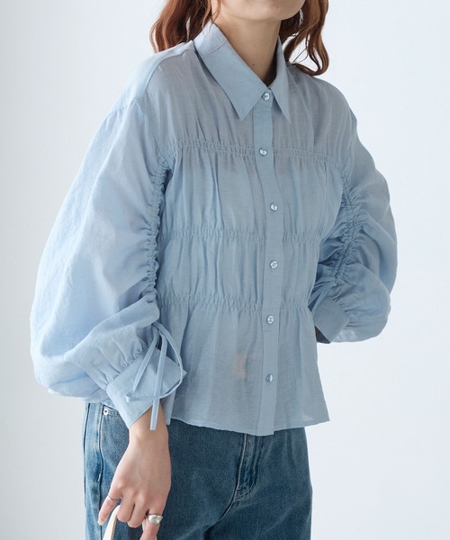 BONLECILL(ボンルシール)の「リネンブレンドシアーシャーリングリボンブラウス(シャツ/ブラウス・レディース・アイボリー/ベージュ/ピンク/チャコールグレー/ブルー・FREE)」の7枚目の写真