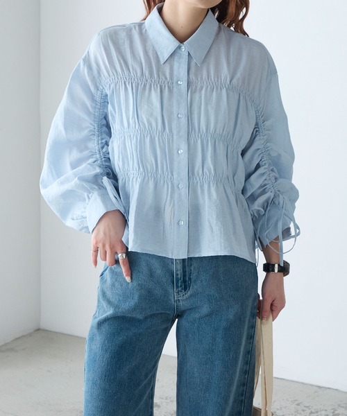 BONLECILL(ボンルシール)の「リネンブレンドシアーシャーリングリボンブラウス(シャツ/ブラウス・レディース・アイボリー/ベージュ/ピンク/チャコールグレー/ブルー・FREE)」の8枚目の写真