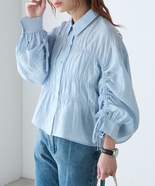BONLECILL(ボンルシール)の「リネンブレンドシアーシャーリングリボンブラウス(シャツ/ブラウス・レディース・アイボリー/ベージュ/ピンク/チャコールグレー/ブルー・FREE)」の12枚目の写真