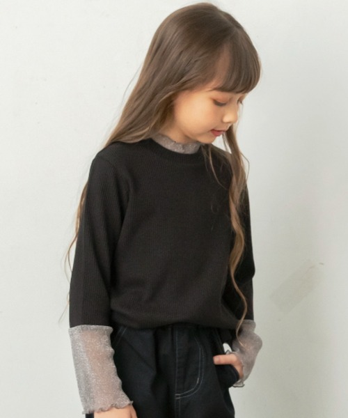 BRANSHES(ブランシェス)の「ラメチュール切替長袖Tシャツ(Tシャツ/カットソー・キッズ・アイボリー/ブラック・150/140/120/100/110/90/130)」の2枚目の写真