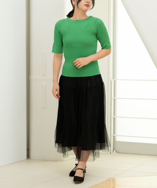 STRAWBERRY-FIELDS（ストロベリーフィールズ）の「セシルストレッチ_半袖リブニット（ニット/セーター・レディース・ブラック/ホワイト×ブラック/オフホワイト/オレンジ/グリーン・2）」の8枚目の写真