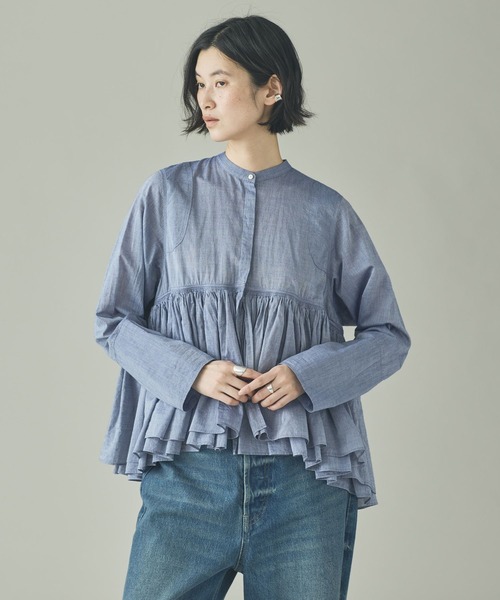 Curensology（カレンソロジー）の「Curensology(カレンソロジー)/シャンブレーレイヤードギャザーブラウス（シャツ/ブラウス・レディース・サックスブルー・FREE）」の2枚目の写真