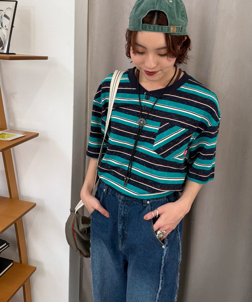 DOUBLE NAME（ダブルネーム）の「スプレー加工ボーダーヘンリープルオーバー（Tシャツ/カットソー・レディース・ブラック/ネイビー/ボルドー・FREE）」の6枚目の写真