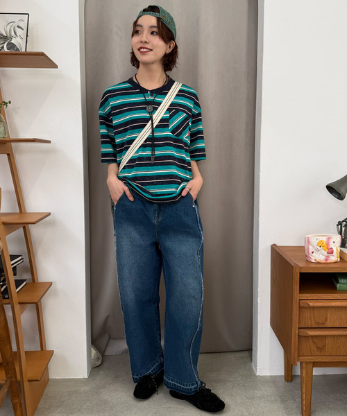 DOUBLE NAME（ダブルネーム）の「スプレー加工ボーダーヘンリープルオーバー（Tシャツ/カットソー・レディース・ブラック/ネイビー/ボルドー・FREE）」の7枚目の写真