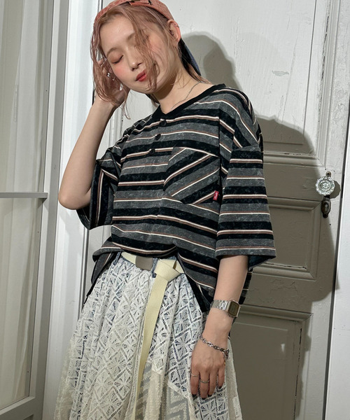 DOUBLE NAME（ダブルネーム）の「スプレー加工ボーダーヘンリープルオーバー（Tシャツ/カットソー・レディース・ブラック/ネイビー/ボルドー・FREE）」の10枚目の写真