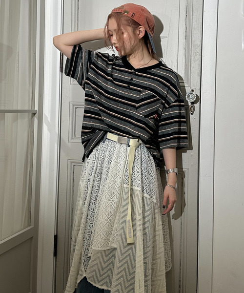 DOUBLE NAME（ダブルネーム）の「スプレー加工ボーダーヘンリープルオーバー（Tシャツ/カットソー・レディース・ブラック/ネイビー/ボルドー・FREE）」の12枚目の写真