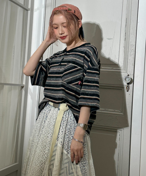 DOUBLE NAME（ダブルネーム）の「スプレー加工ボーダーヘンリープルオーバー（Tシャツ/カットソー・レディース・ブラック/ネイビー/ボルドー・FREE）」の13枚目の写真